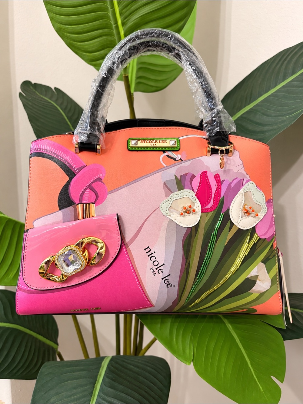 Nicole Lee Pink & Coral Beaded 3D Floral Satchel Handbag + Shoulder Strap- NWT